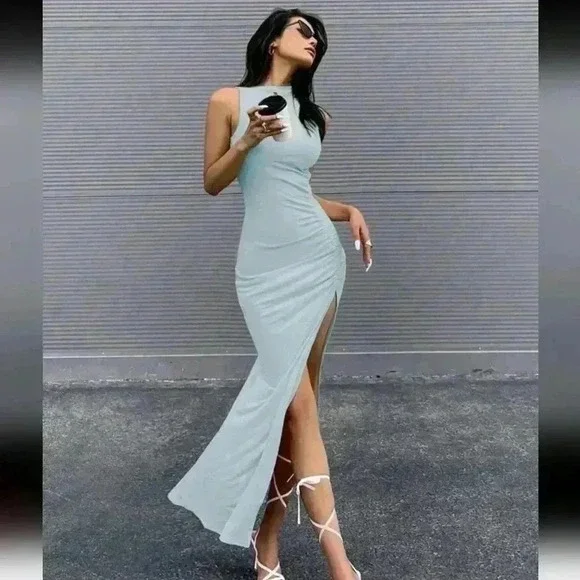 Shein Blue Solid Split Thigh Dress Size  Small - Picture 4 of 5